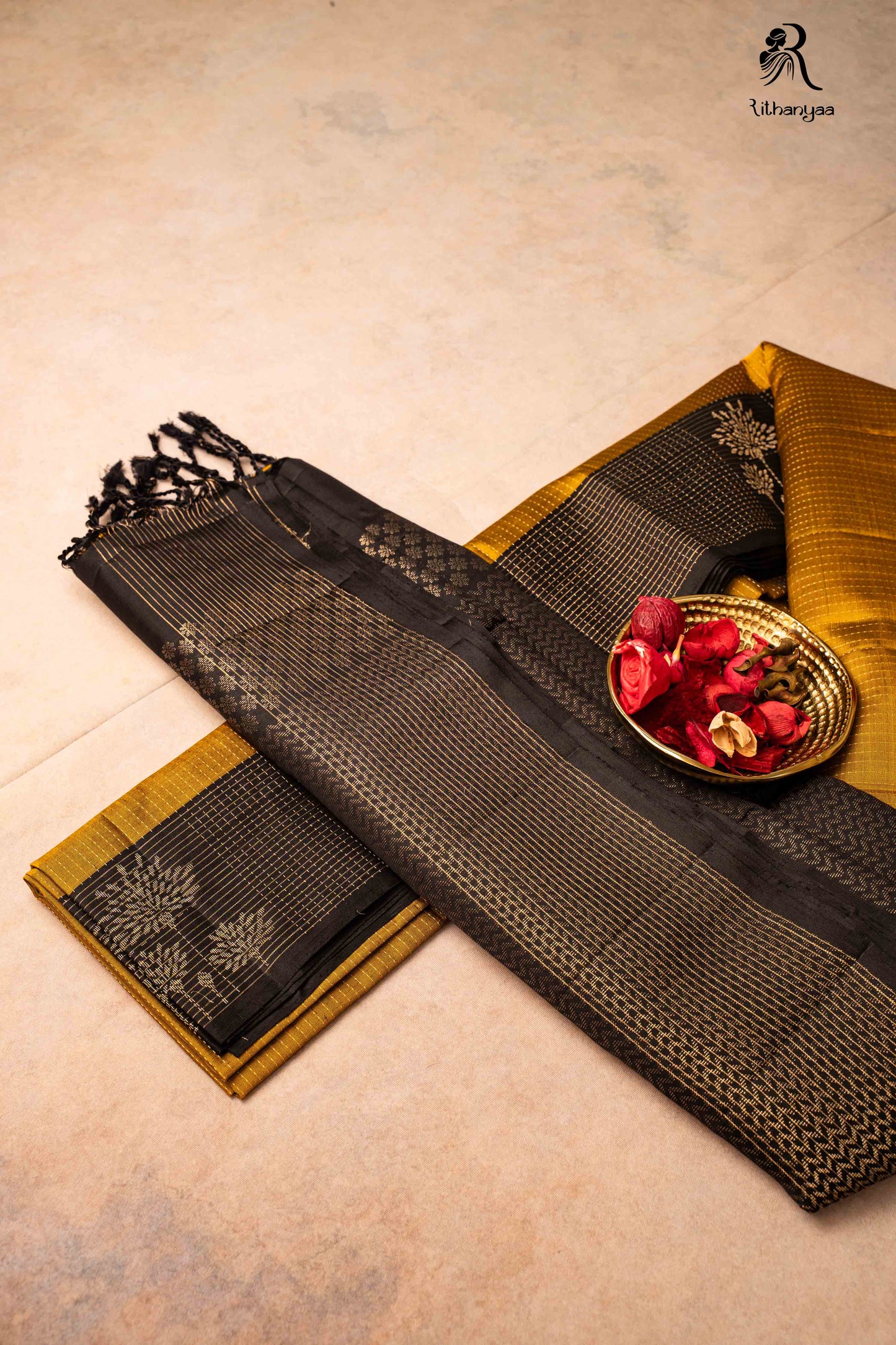 Raktabha Vastra Jet Black & Mustard Gold with Zari - Pure Soft Silk