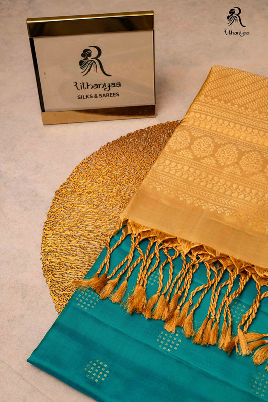 Suvarnambaram Peacock Teal - Pure Soft Silk