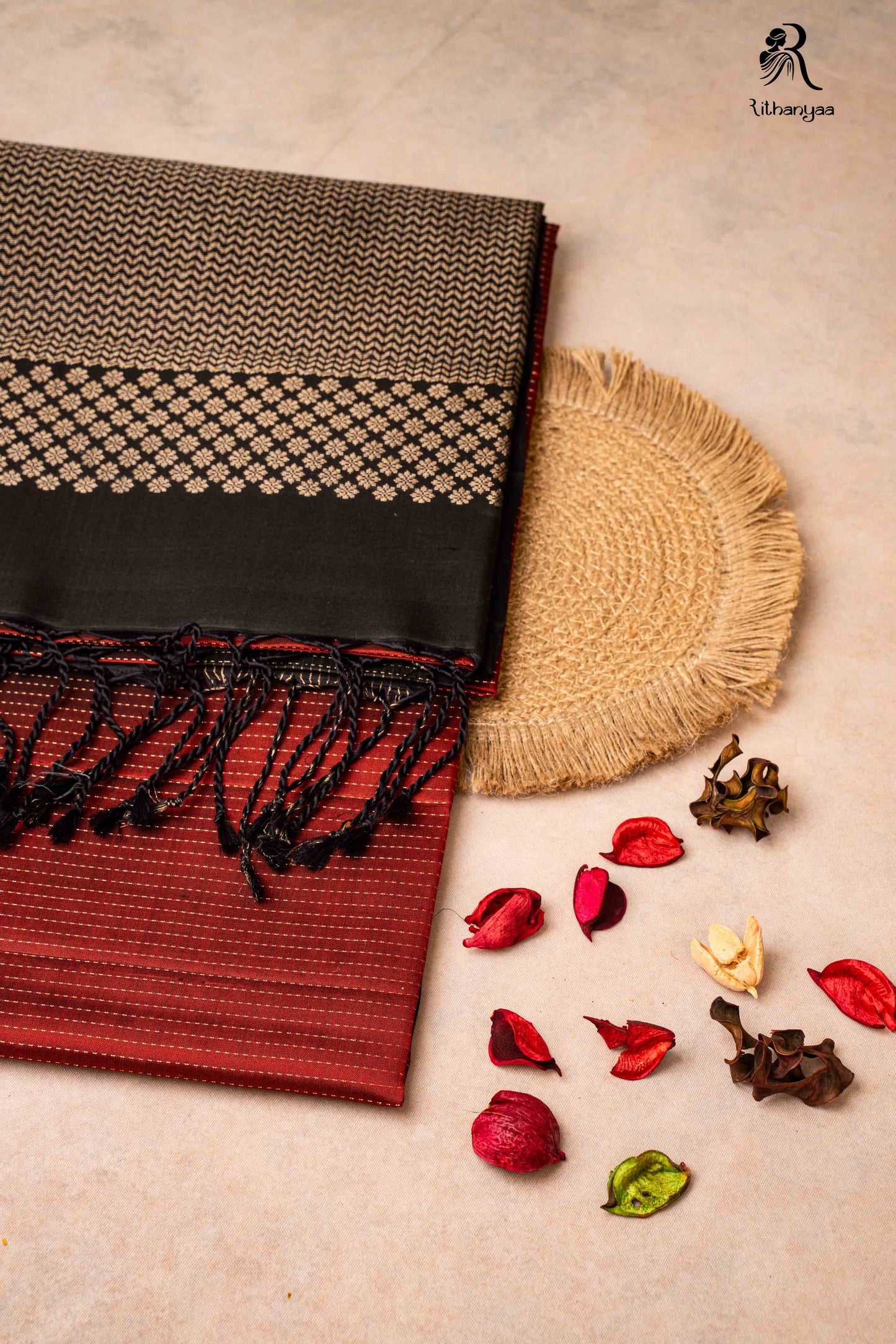 Raktabha Vastra jet black and red - Pure Soft Silk