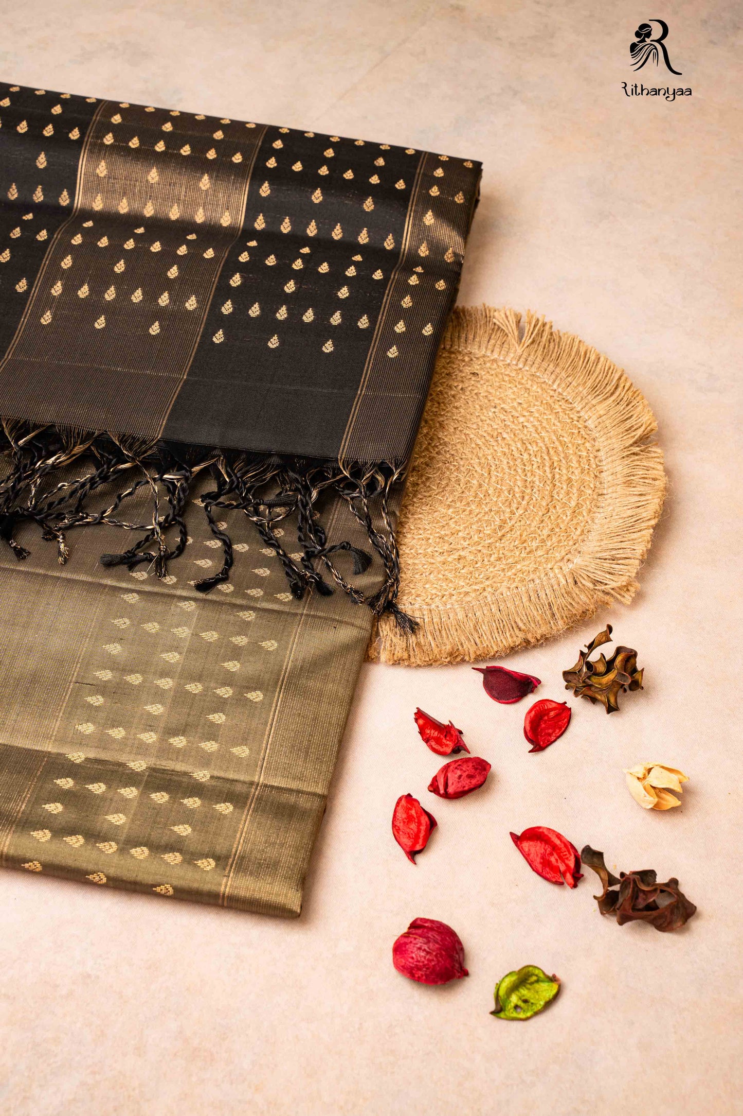 Raktabha Vastra Charcoal Black & Olive Gold with Zari Motifs - Pure Soft Silk