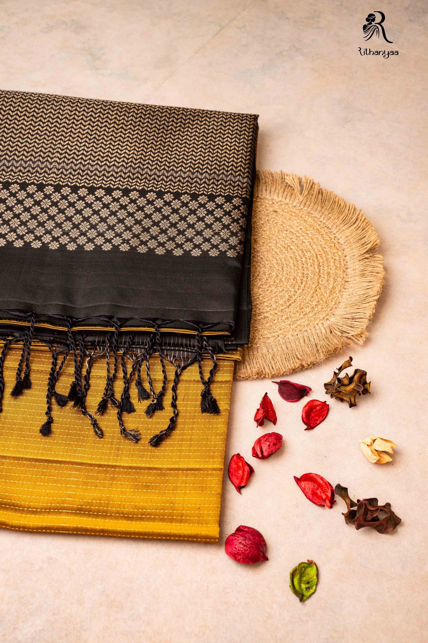 Raktabha Vastra Jet Black & Mustard Gold with Zari - Pure Soft Silk