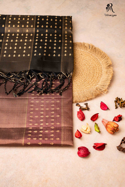 Raktabha Vastra Deep Black & Dusty Mauve with Gold Zari Buttas - Pure Soft Silk