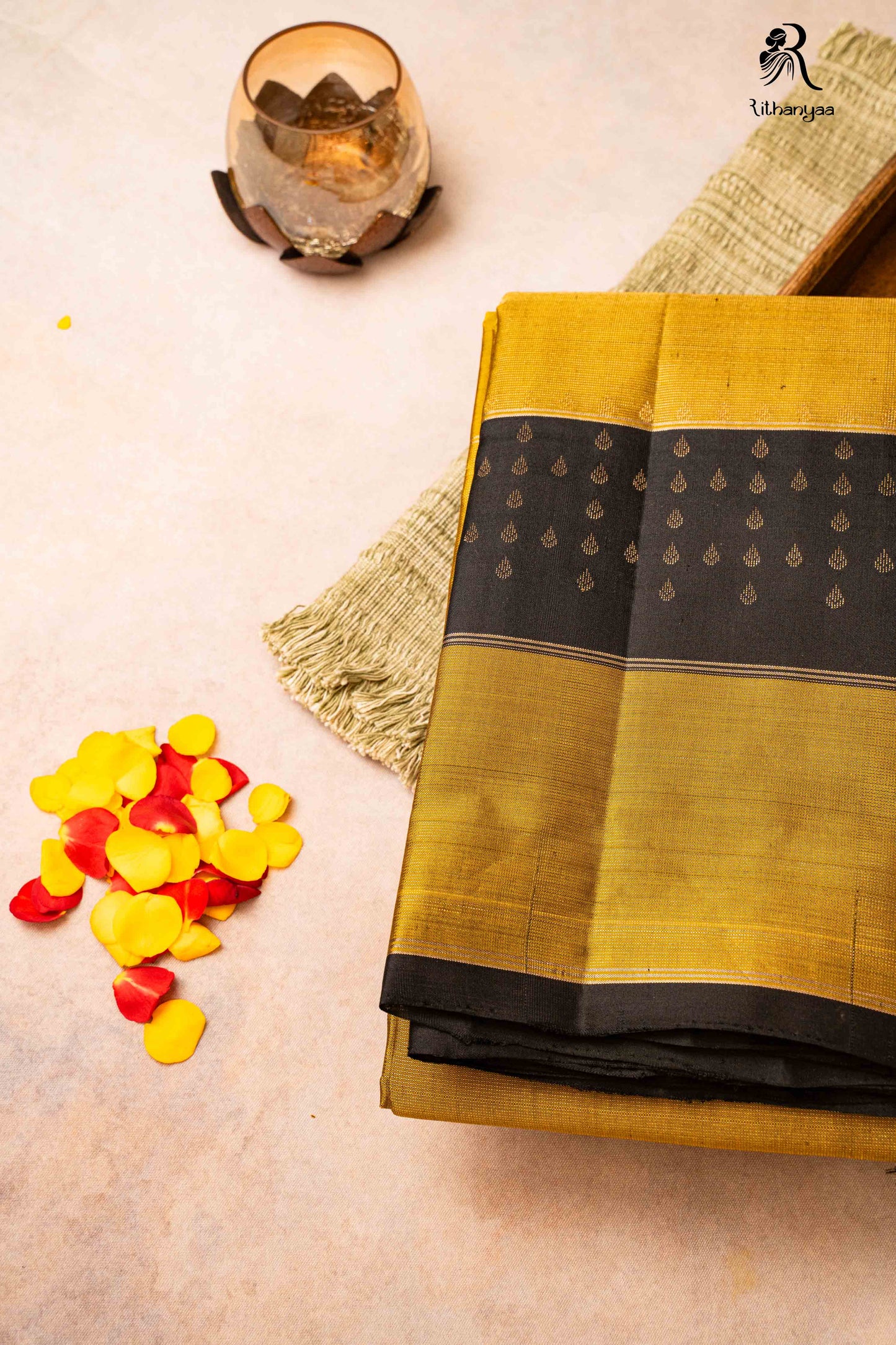 Raktabha Vastra Jet Black and Mustard Yellow - Pure Soft Silk