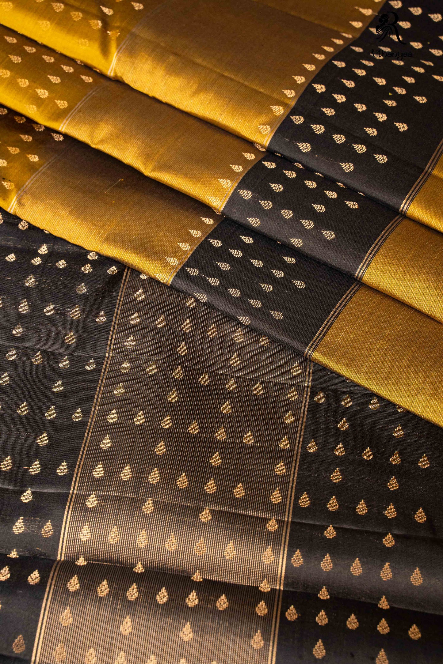 Raktabha Vastra Jet Black and Mustard Yellow - Pure Soft Silk