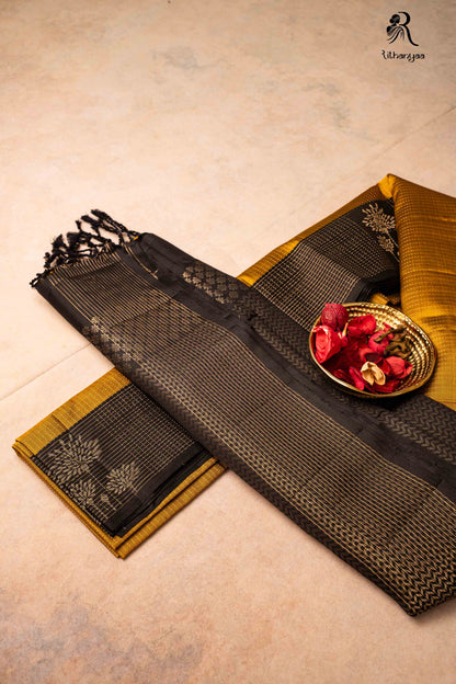 Raktabha Vastra Jet Black & Mustard Gold with Zari - Pure Soft Silk